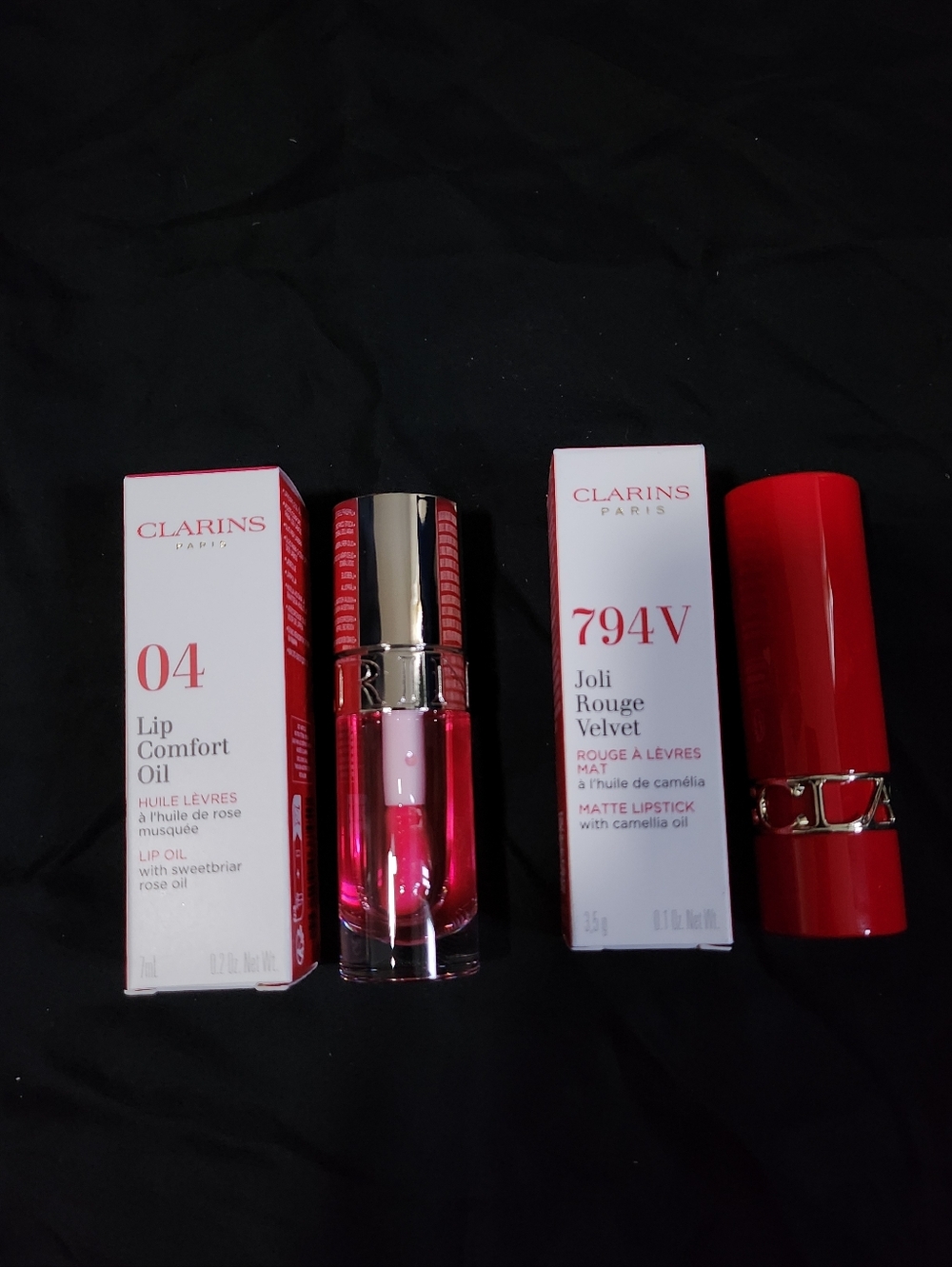 Clarins Lip Comfort Oil 04 & Joli Rouge Velvet 794V